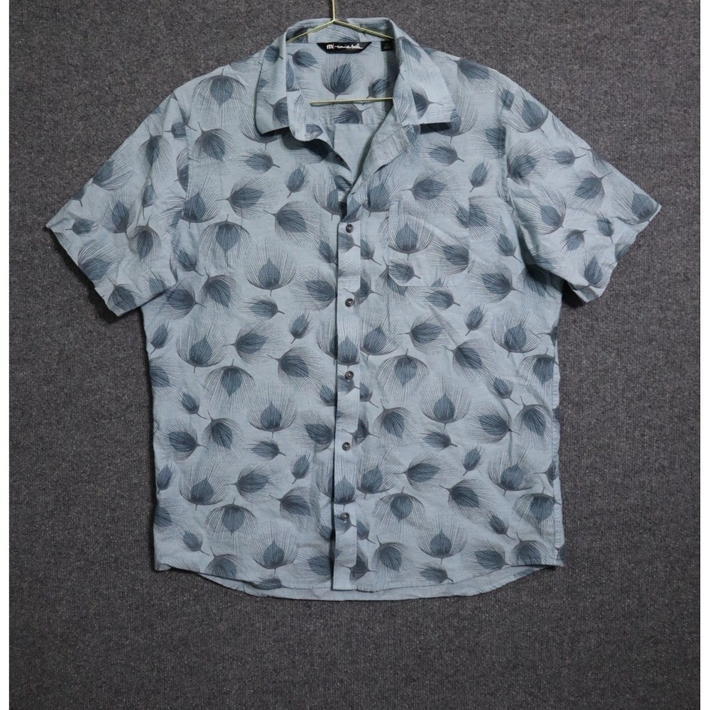 Travis Mathew Shirt Men‎ XL Blue Feather Leaf Print SS Button Down Pocket EUC